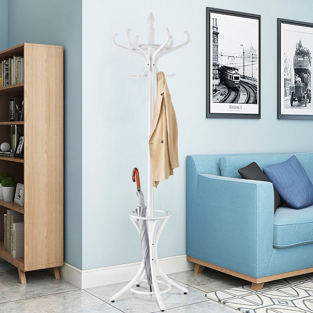 Perchero De Pie De Madera 184Cm Perchero Árbol Con Soporte 12 Perchas Para Colgar Ropa Sombrero Para Habitación Entrada Blanco