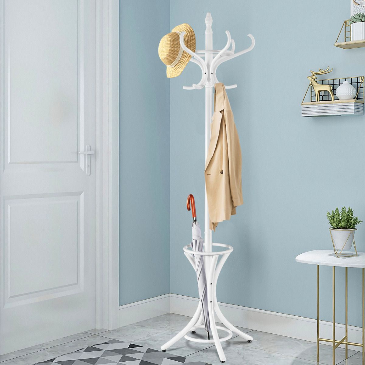 Perchero De Pie De Madera 184Cm Perchero Árbol Con Soporte 12 Perchas Para Colgar Ropa Sombrero Para Habitación Entrada Blanco