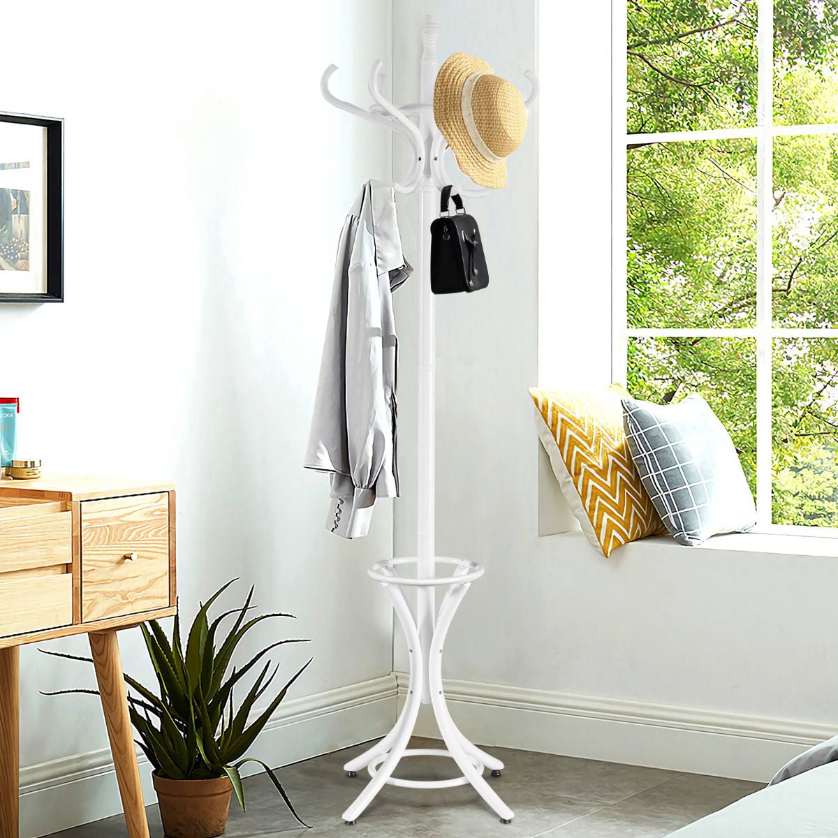 Perchero De Pie De Madera 184Cm Perchero Árbol Con Soporte 12 Perchas Para Colgar Ropa Sombrero Para Habitación Entrada Blanco