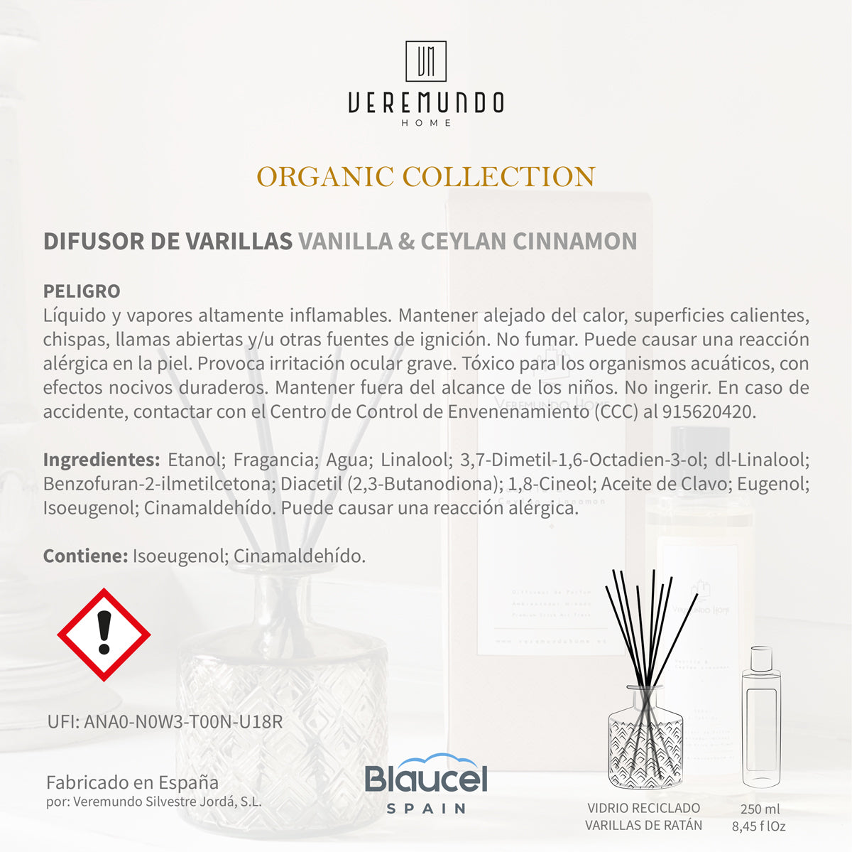 Veremundo Home - ORGANIC - Ambientador varillas VAINILLA & CEYLAN CINNAMON