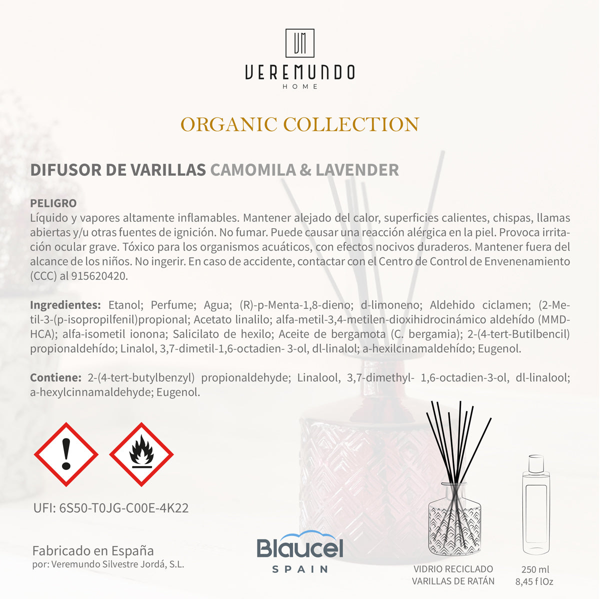 Veremundo Home - ORGANIC - Ambientador varillas CAMOMILA & LAVENDER