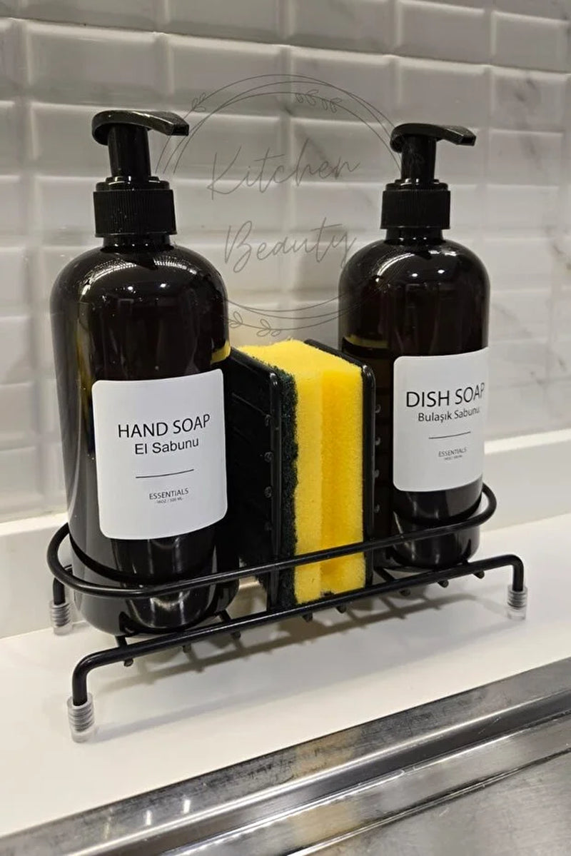 2-Piece Dish Soap Dispenser Set with Metal Stand Kitchen Bathroom Countertop Soap and Sponge Holder
